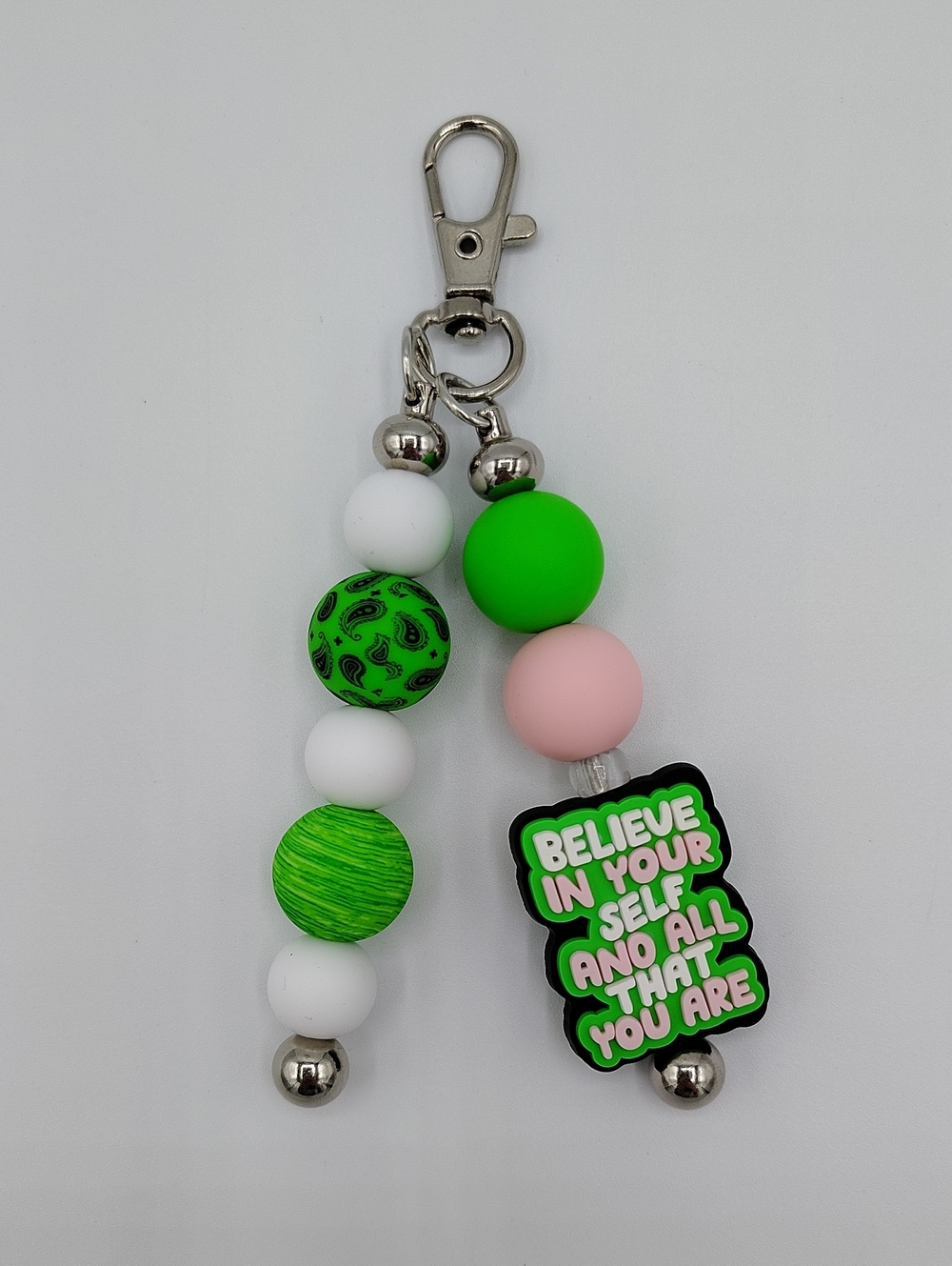 Handcrafted Beaded Keychain w/ Motivational Charm - Green & Pink
